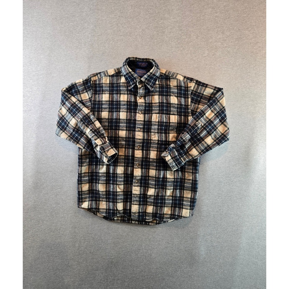 Pendleton Wool Shirt Mens Large L Tan Blue Plaid Vintage 90s Machine Washable
